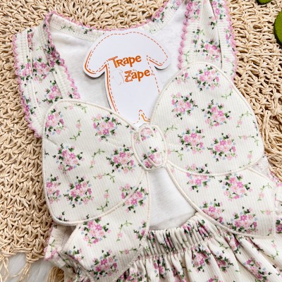 Banho de Sol Bordado - Laço com Flores Delicadas - Areia